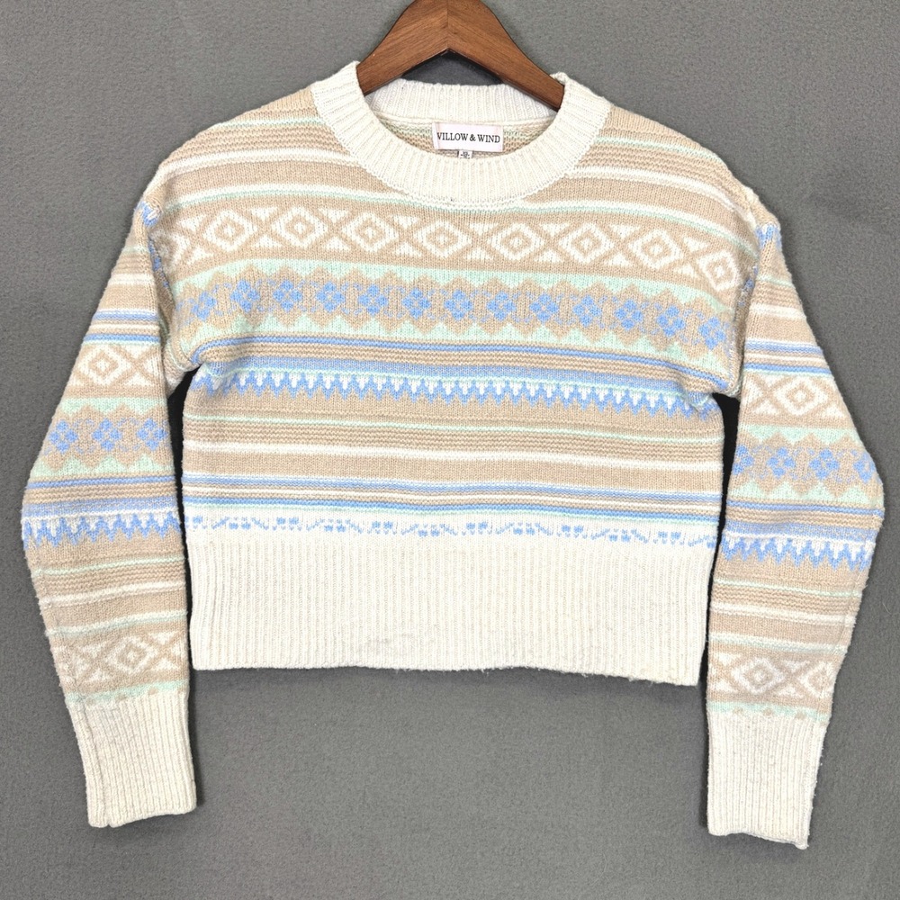 Willow and Wind Sweater Women XS Beige Fair Isle Knit Cropped Crewneck Pullover